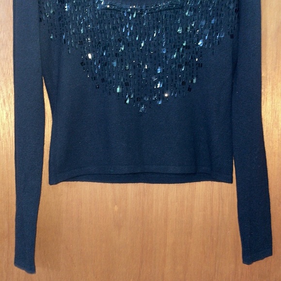 •MAGASHONI•100% BLACK CASHMERE SQUARE NECK W/BLACK SEQUINS LONG SLEEVE SWEATER - Picture 8 of 8